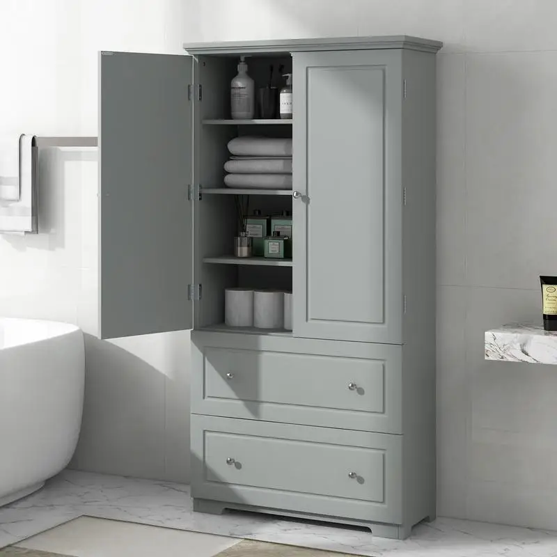 

Freestanding Bathroom Storage Cabinet, MDF with Painted Finish, Grey, Features 2 Drawers & Adjustable Shelf for Organized Space
