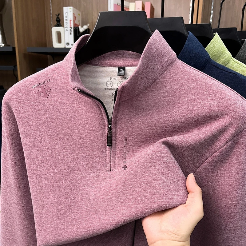 Light luxury brand stand collar long sleeve T-shirt men's fashion new letter embossed solid color casual half zipper sweatshirt