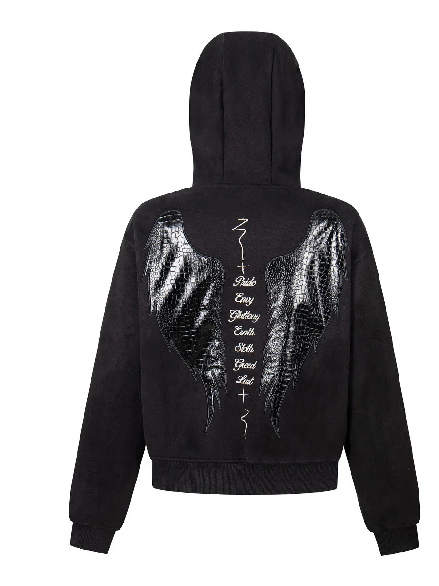 Jaqueta Hoodie B72 Estilo Abi com Bordado de Asas em Couro Patchwork para Homens e Mulheres, Moda de Outono e Inverno, Suéter...