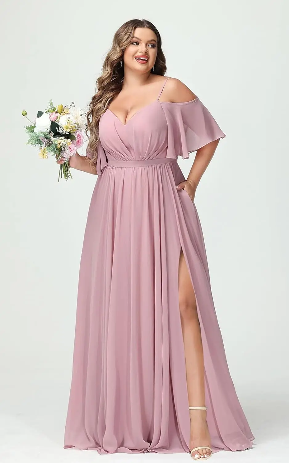 Elegant Women Plus Size Bridesmaid Dress with Slit Cold Shoulder Chiffon Formal Party Dresses with Pockets wedding evening