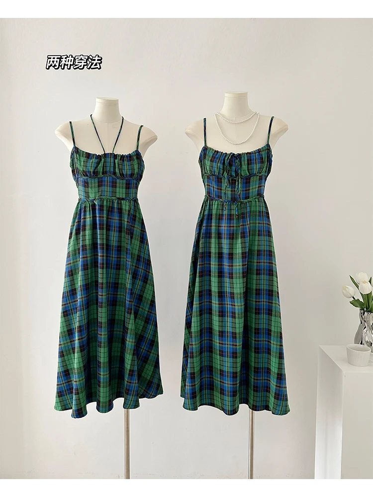 Women's Green Plaid A-line Evening Dress Y2k Vintage Sleeveless Off Shoulder Luxury Dress Elegant One Piece Frocks 2000s Clothes