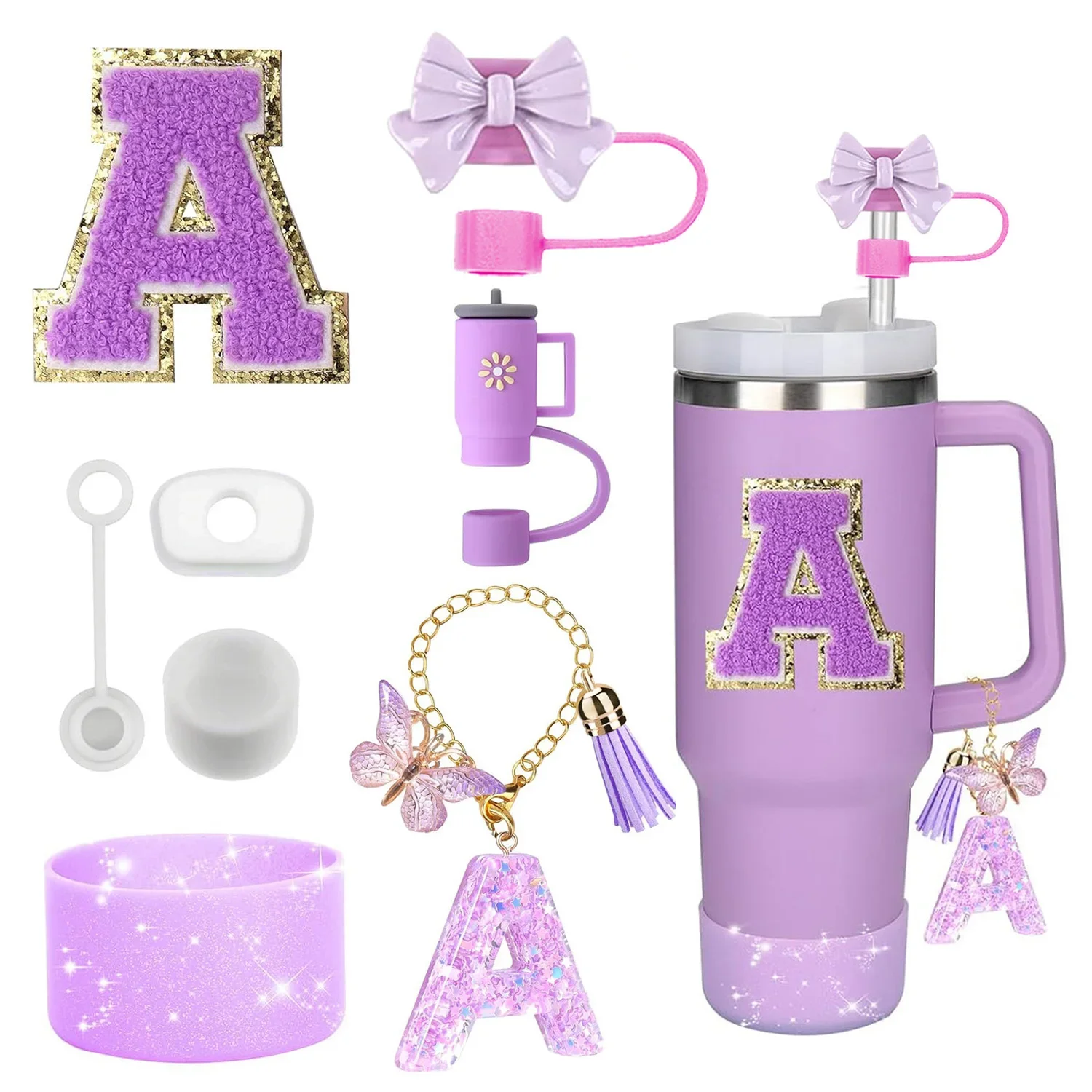 Conjunto de 8 Acessórios para Copo Roxo de 30oz e 40oz: Tampa de Silicone para Canudo, Protetor de Base, Alça, Pingente e Adesivo de Iniciais