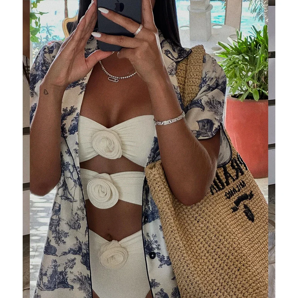 One Piece Women Floral Lace Up 2024 Push-Up Padded Bra White Swimsuit Swimwear Bathing Suit Beachwear Monokini Female