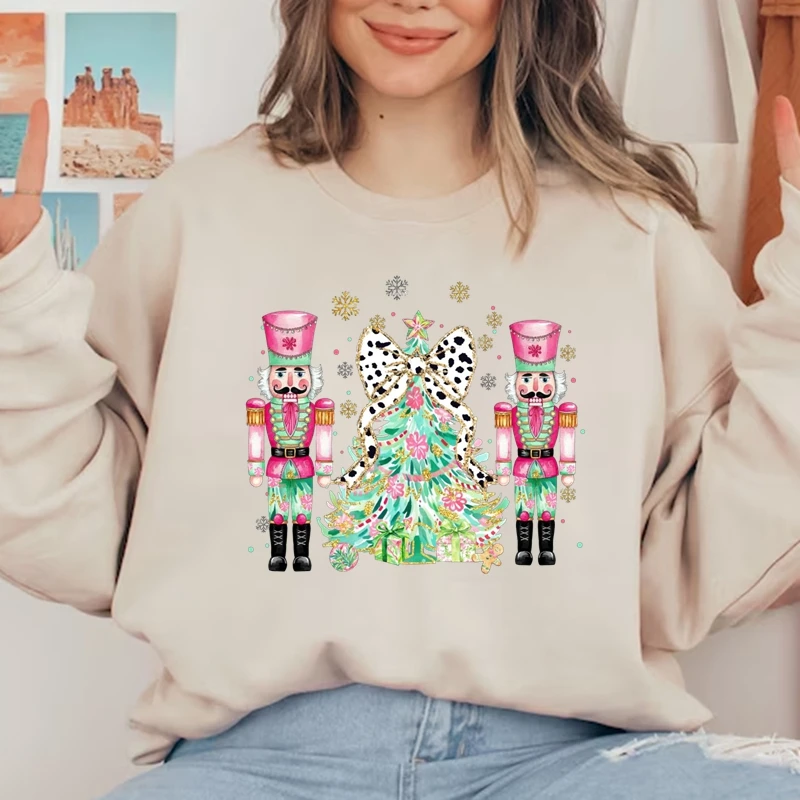 Coquette الملونة فو بريق شجرة عيد الميلاد DTF نقل كسارة البندق الفتيات الوردي عيد الميلاد القوس نقل الحرارة ملصقات الحديد على