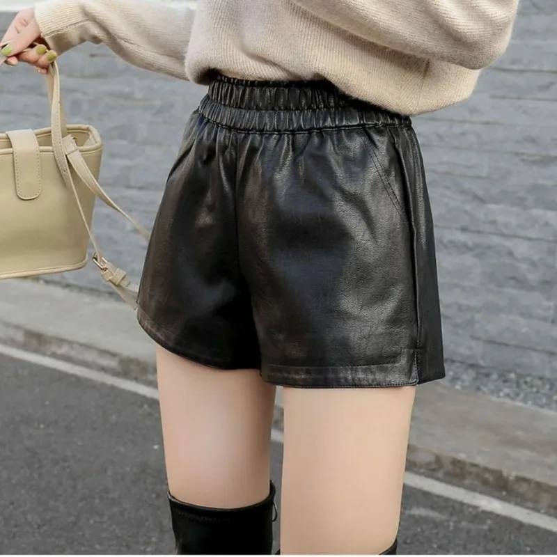 

Шорты из искусственной кожи, женские весенне-осенние модные эластичные талии, элегантные однотонные универсальные простые брюки, винтажные кожаные брюки в корейском стиле, High Street