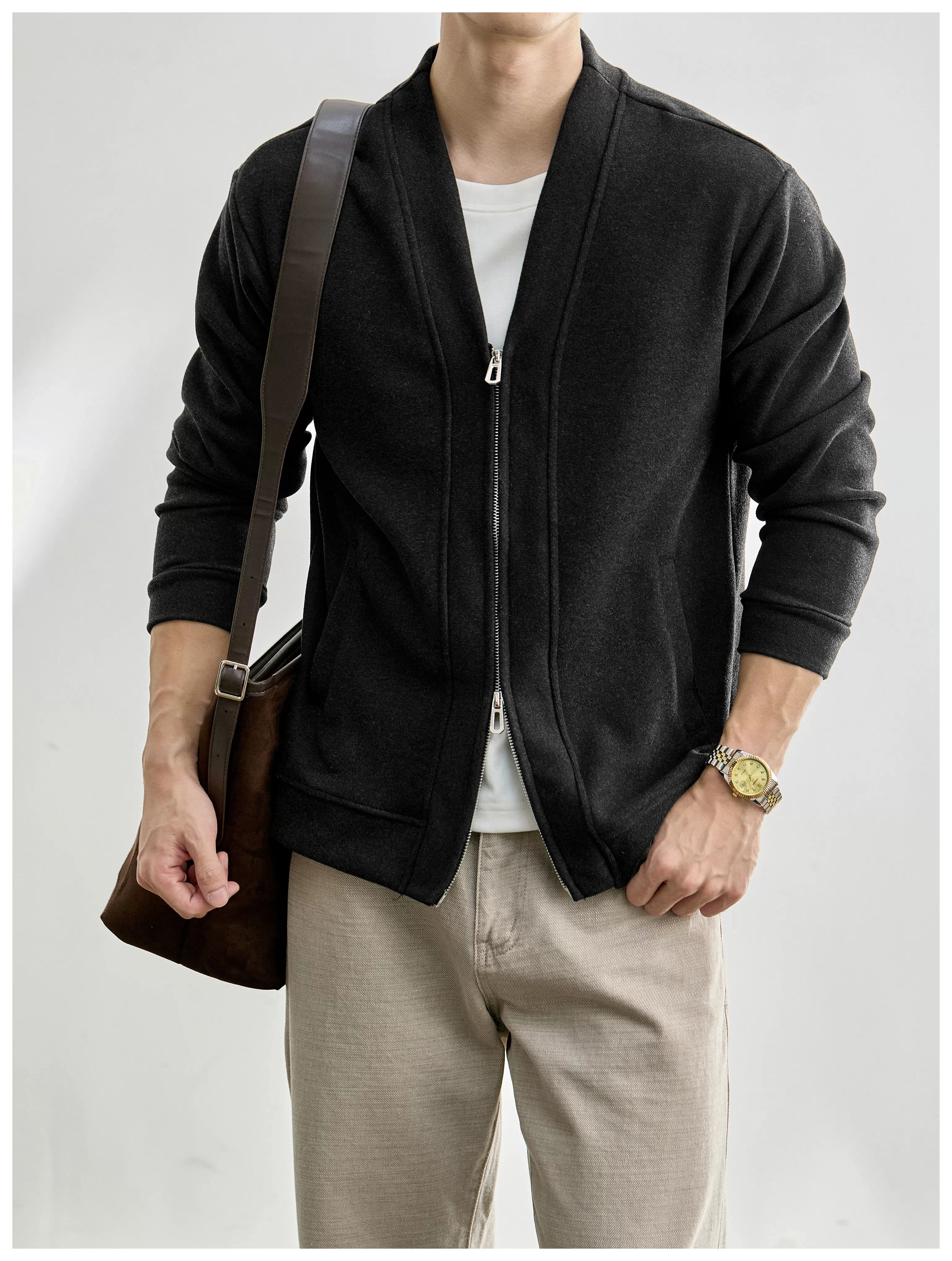 Men's Layered-Look Double-Zip Knit Cardigan — product detail 10
