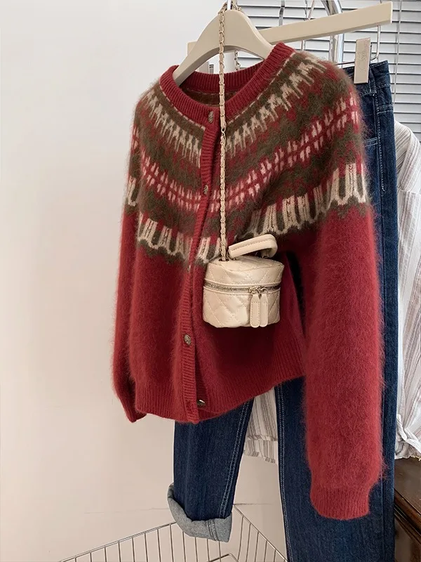 

Red Fair Isle Cisas New Year Thiened Knitted Cardigan Women's Sweater Outerwear Autumn Winter High End Feeling Casual Wear