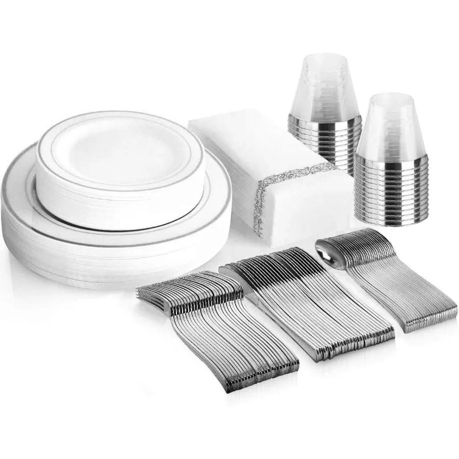 

175 Piece Disposable Silver Dinnerware Set for Outdoor Events Weddings and Parties Includes 50 Plates 25 Silverware Sets 25 Cup