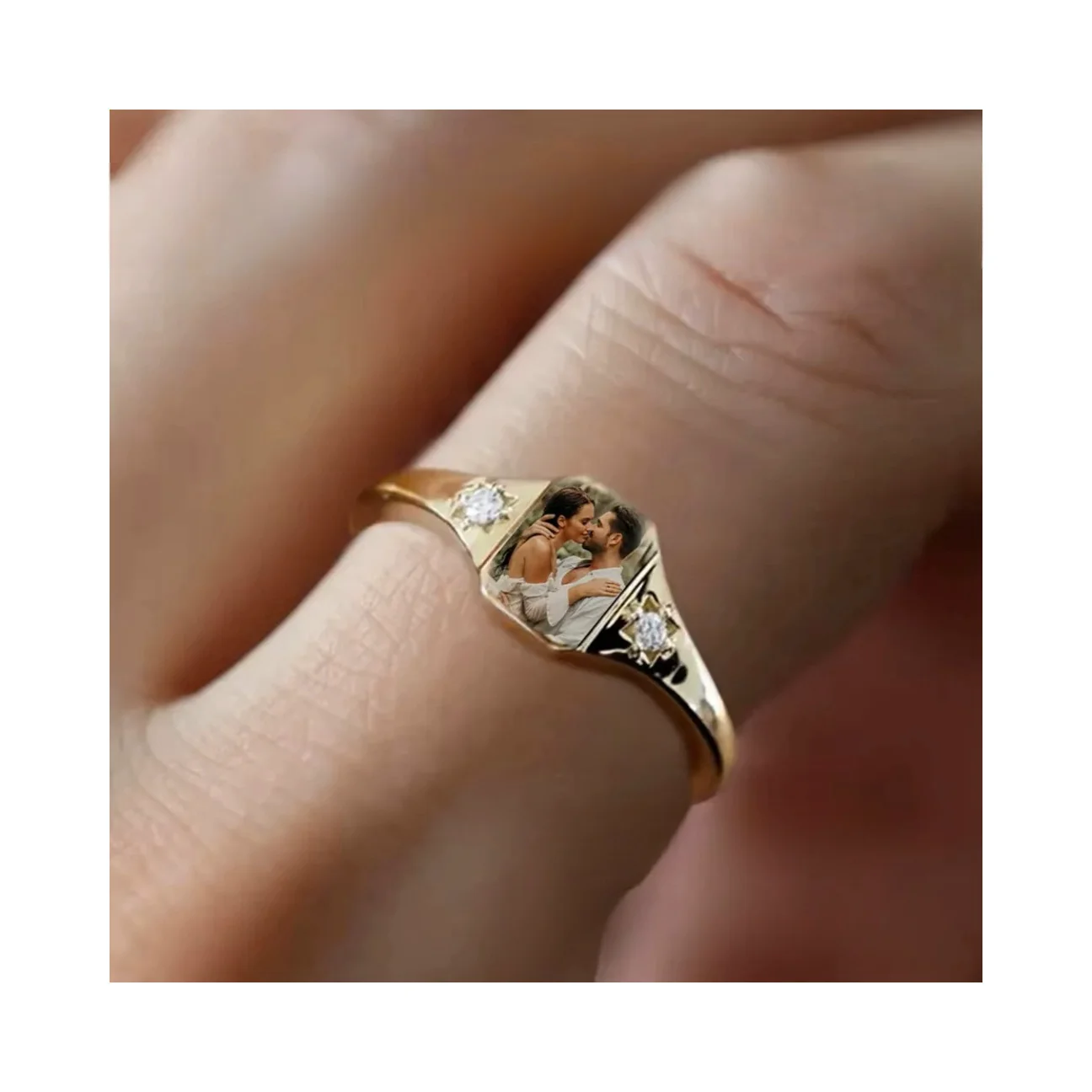 Popular Hot sell Dropshipping Gift  Birthday Gift UV Color Printing Rings Personalized Custom Picture Ring Birthstone Couple Pai