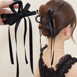 Vintage Long Satin Hairpins Big Velvet Bow Fashion Elegant Women Black Bowknot Hair Claw Hair Clips Korean Hair Accessories