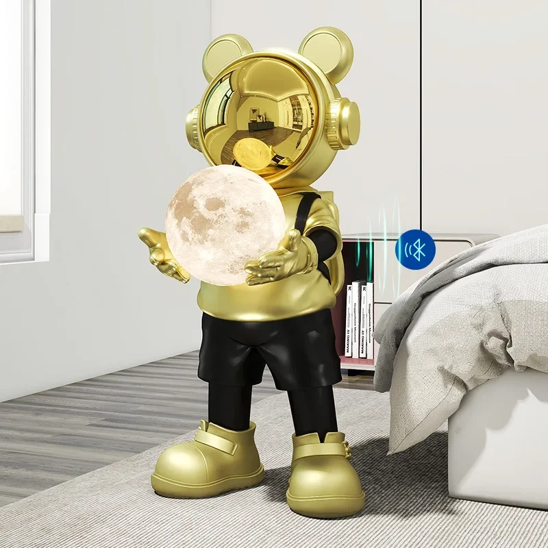 غرفة معيشة رائد الفضاء، زخارف أرضية كبيرة، وخزائن تلفزيون، وأرائك، وديكورات جانبية