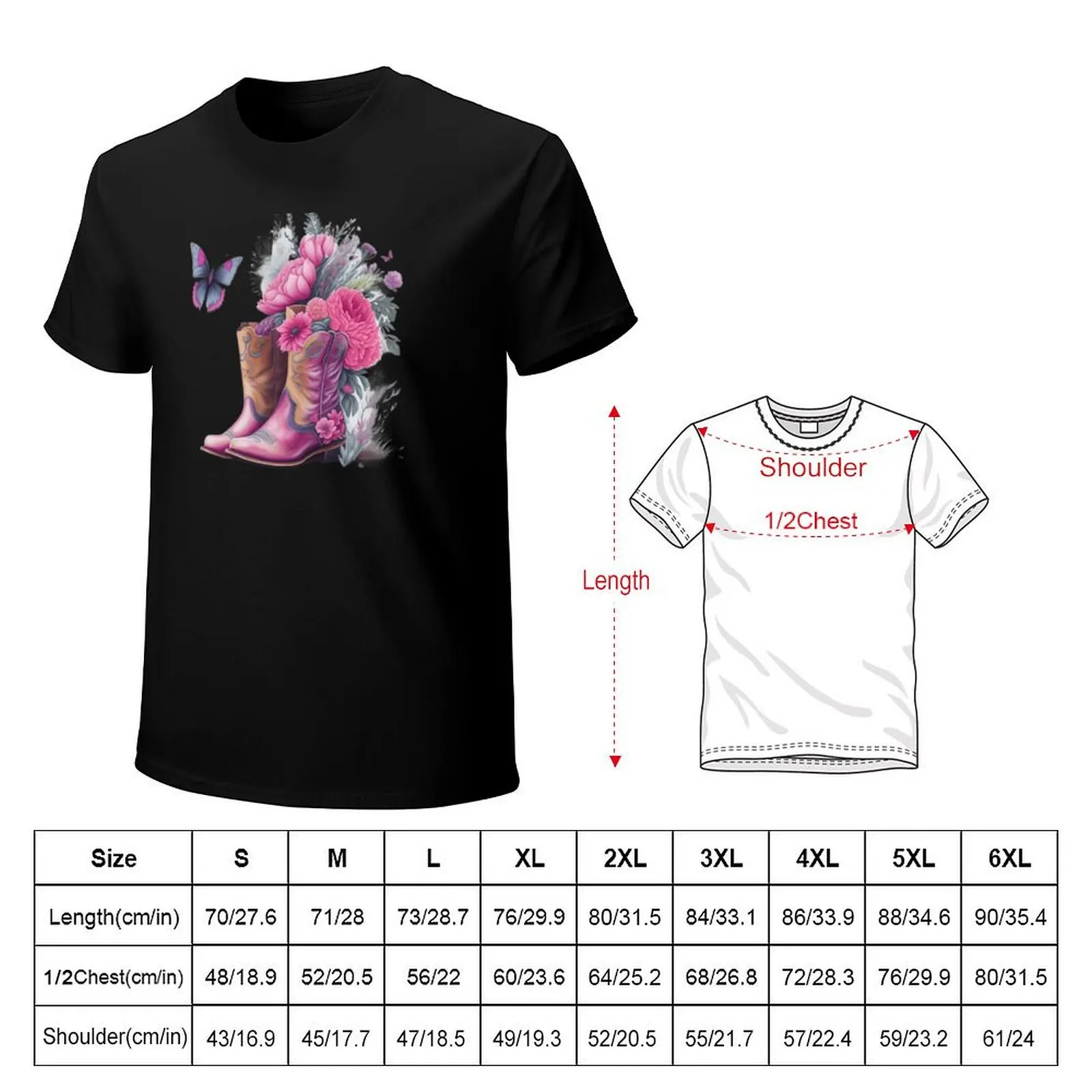 Pink Cowgirl Boots with Flowers and Butterflies T-Shirt Soft Casual Short Sleeve Cotton Tee