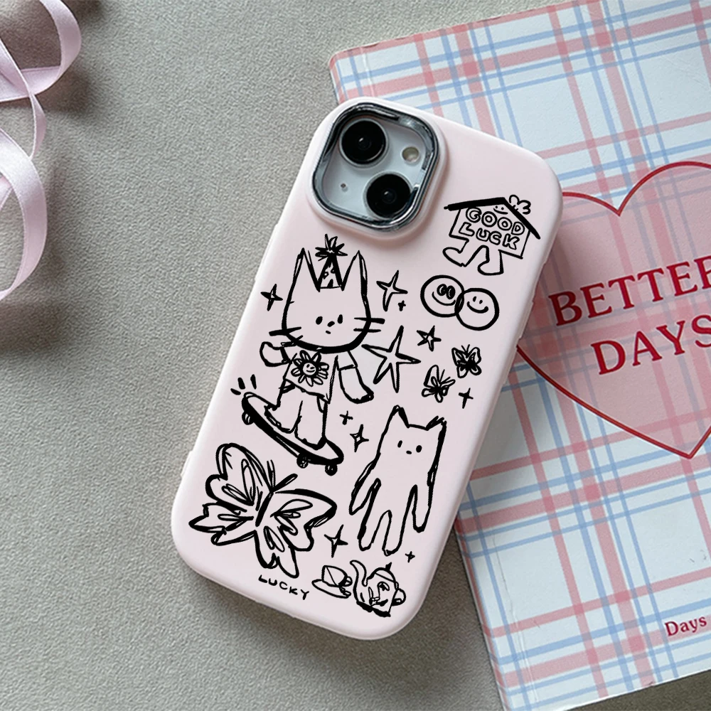 Cute Sketch Black Cat Phone Case For Xiaomi Mi 12 POCO F5 X3 NFC Redmi 9C 10 13C K30 K40 K60 Ultra Note 10 12 13 Pro 4G 5G Cover