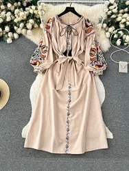 Vestido Vintage de lino y algodón para mujer, prenda bordada de manga larga con cuello redondo, línea A, estilo étnico, primavera y otoño, D4930