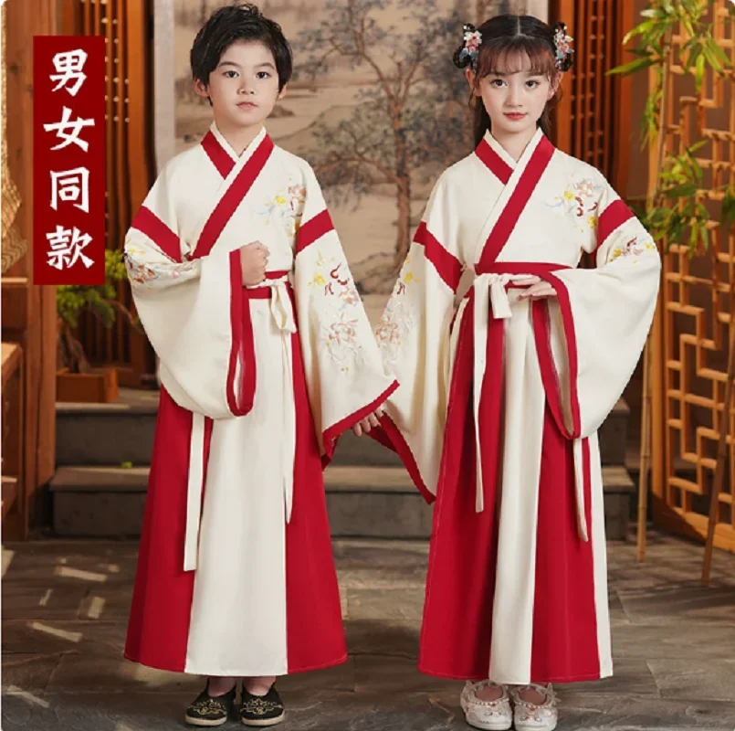 hot-sale-new-children's-chinese-style-spring-hanfu-dress-boys-girls-long-sleeve-stage-performance-clothing-fashion-printed-skirt