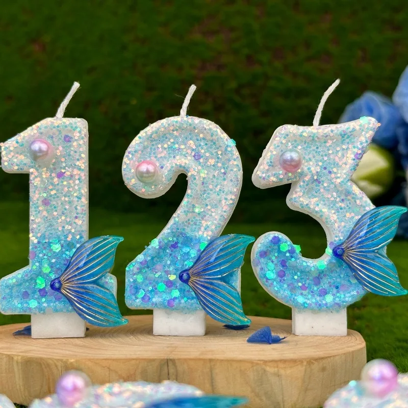 Niedliche blaue verträumte Fischschwanz-Planeten, 3D-Zahlen-Kuchenkerzen für Geburtstagsparty-Dekorationen, Geburtstagsdekoration, Kuchendekoration, Werkzeuge