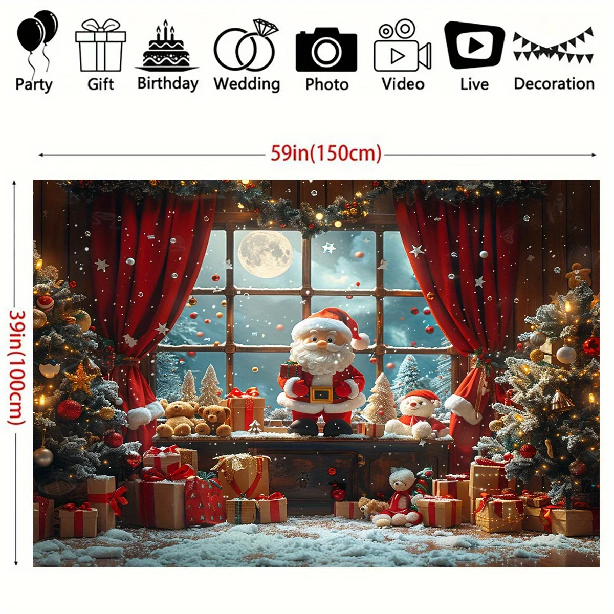 The Christmas tree theme photography background fabric is made of polyester material with Santa Claus home decoration background