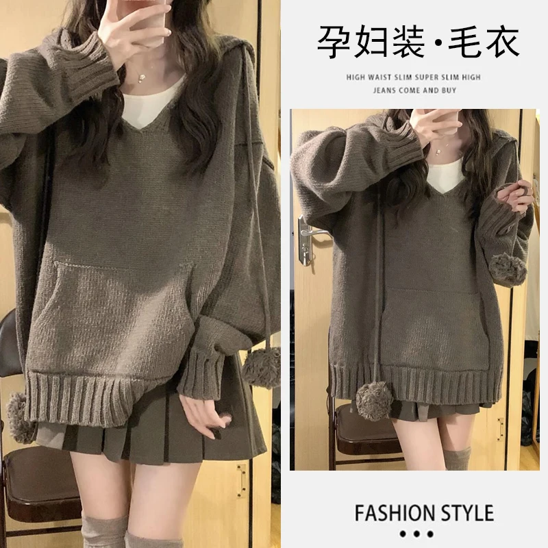 7058# Autumn Winter Street Fashion Stylish Maternity Knitted Sweaters belly Skirts Sets Hot Clothes for Pregnant Women Pregnancy