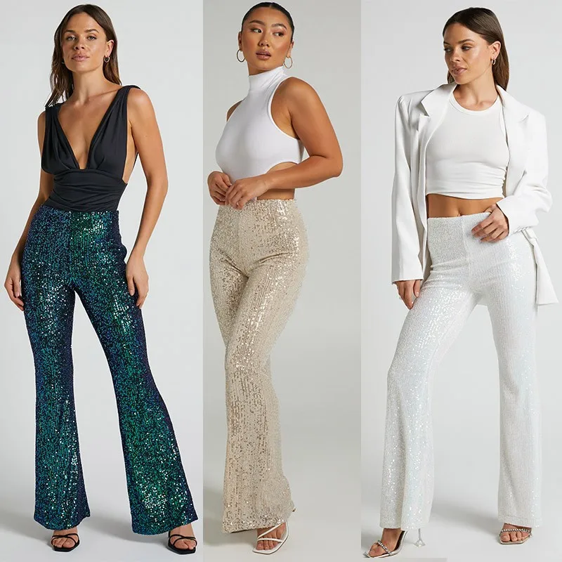 Women High Waist Sequin Pants Urban Full Length Trousers Women's Sequined Evening Flared Pants Teal Green Wide Leg Pants