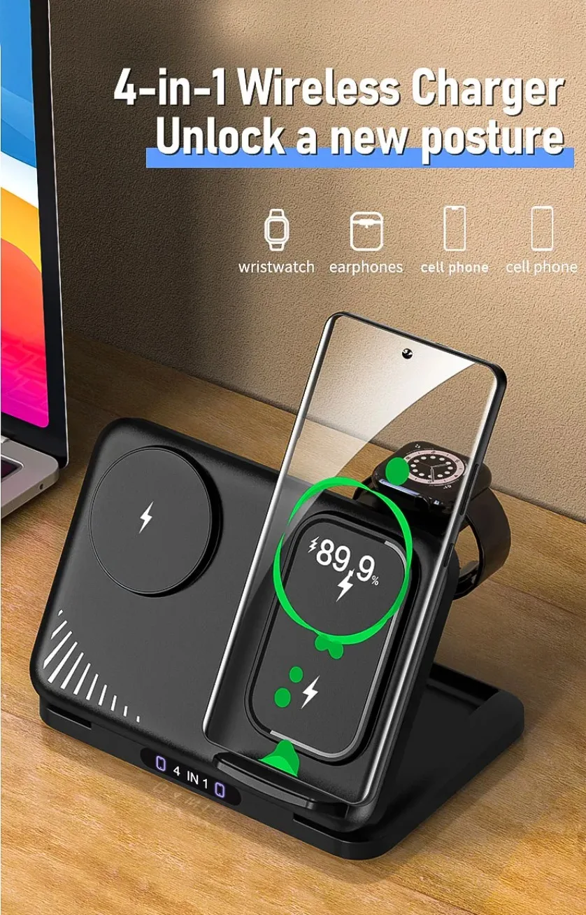 4-in-1 Dual-Handy-Ladestation für iPhone 17~12, Samsung S25, Xiaomi, Airpods Pro, Apple Watch 11~2, Magnetisches Schnellladen – Detail 1