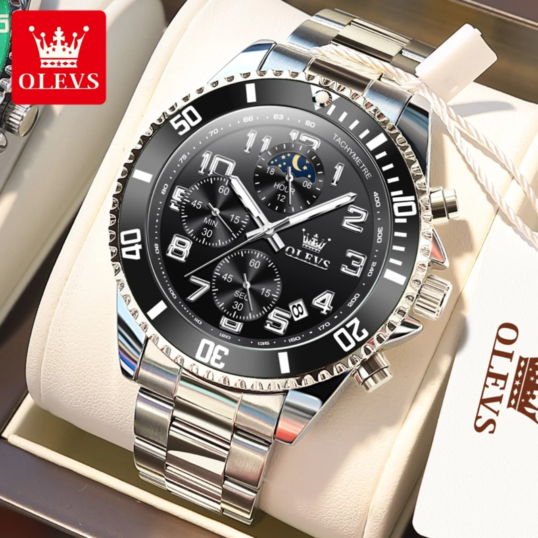 

OLEVS 2926, модные кварцевые часы, подарок, круглый циферблат, ремешок для часов из нержавеющей стали, наручные часы с фазой Луны, календарь, таймер