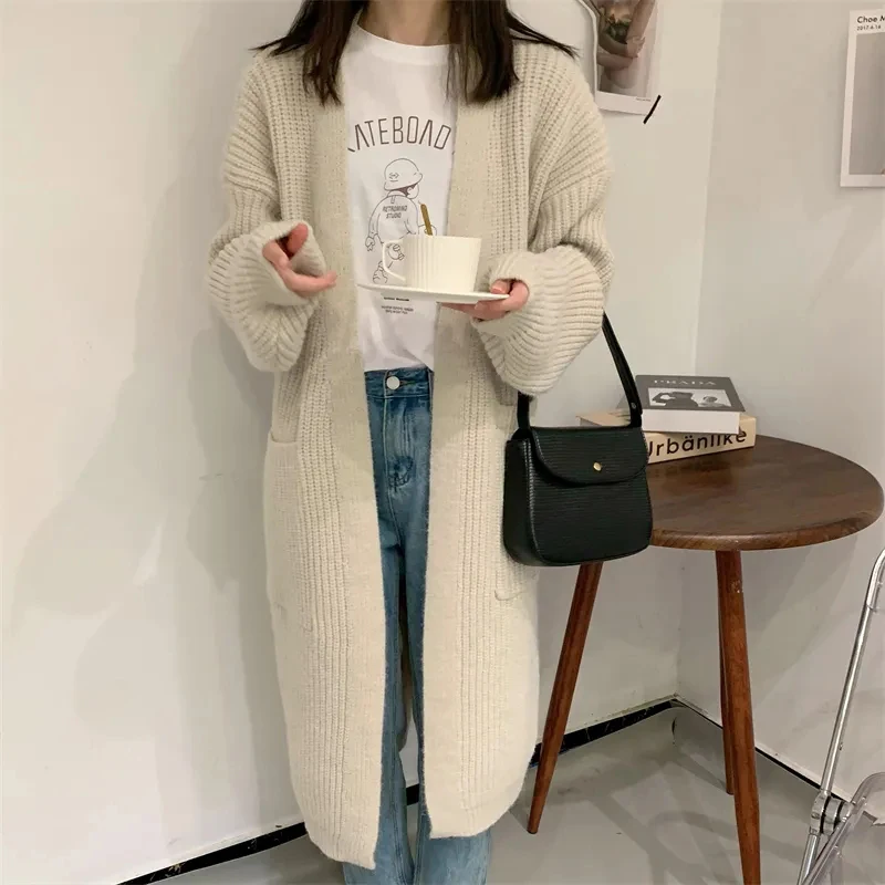 Autumn Warm Midi Knitted Cardigan Women Korean Loose Pocket Casual Knit Coats Female Fashion Lazy Style Solid All-Match Cardigan