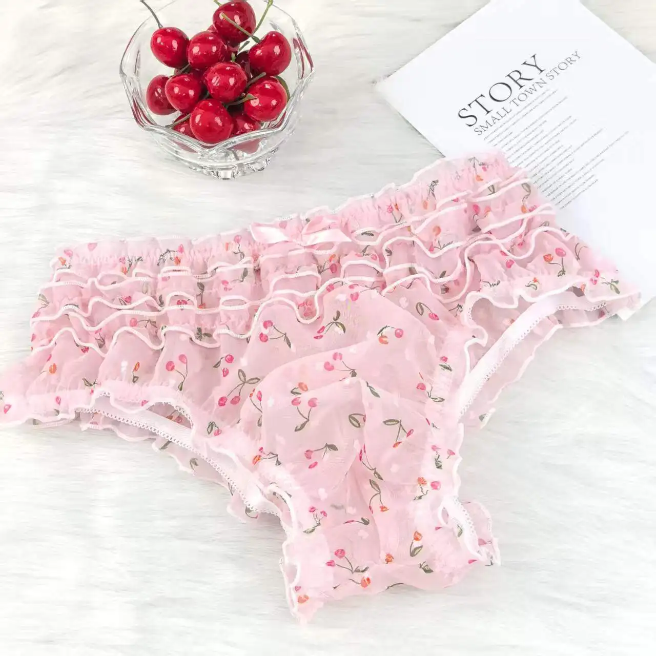 Cute Sweety Chiffon Man's Briefs Japanese Style Cross-dressing Panties Princess Lolita Flower Print Ruffles Soft Underwear view 4