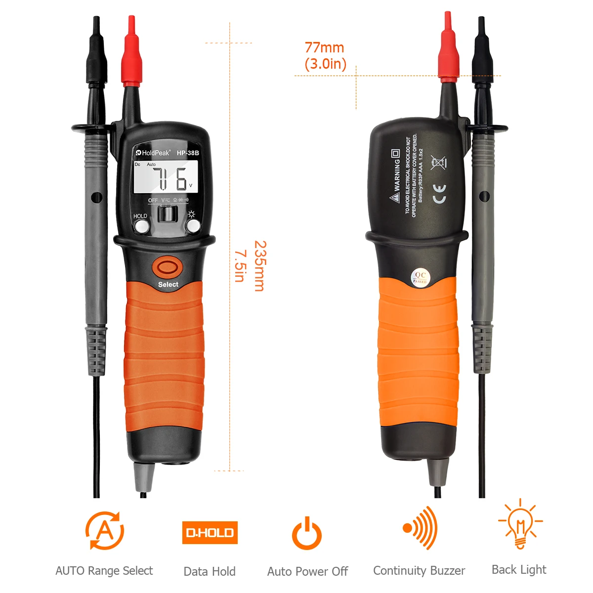 

Professional 38B Pen Digital Multimeter for Electricians DC/AC Voltage Resistance Diode Tester with Backlight & Hold Function