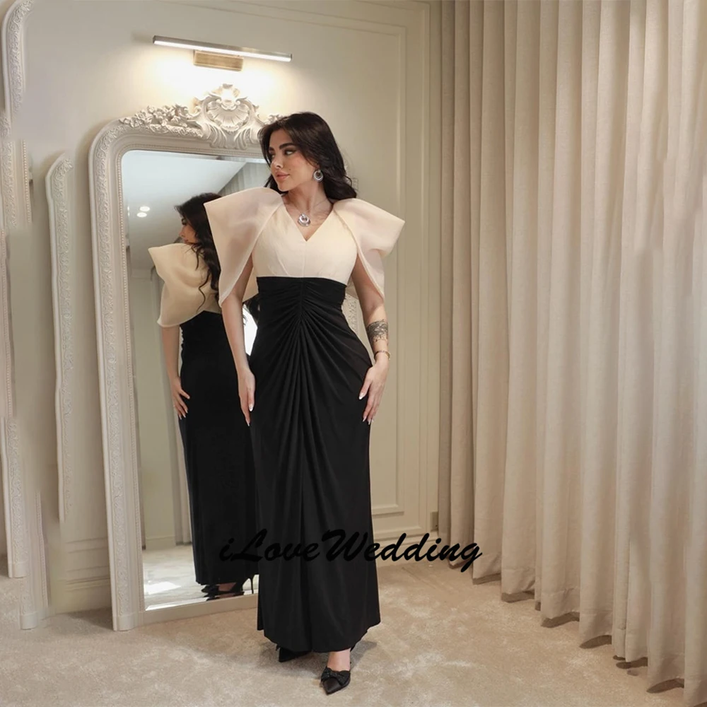 

Customized Elegant V Neck Party Dresses Black Pleat Prom Gowns Short Sleeve Straight Floor-Length Formal Evening Gowns 2025