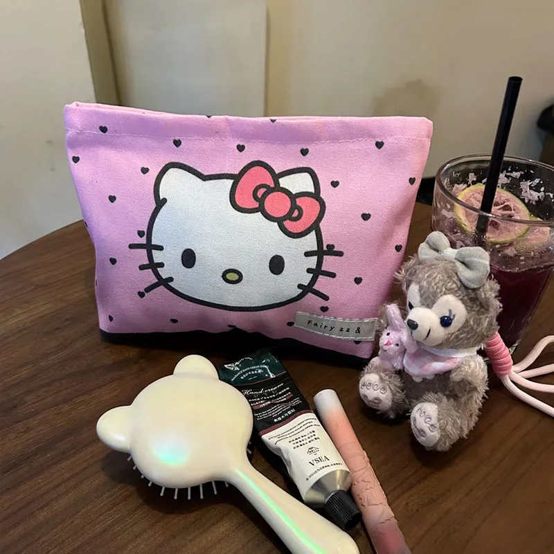 Hot Sanrio Hello Kitty Pink Sweetheart Cosmetic Bag Cute Kitty Cat Portable Canvas Travel Sundries Storage Bag Large Coin Purse