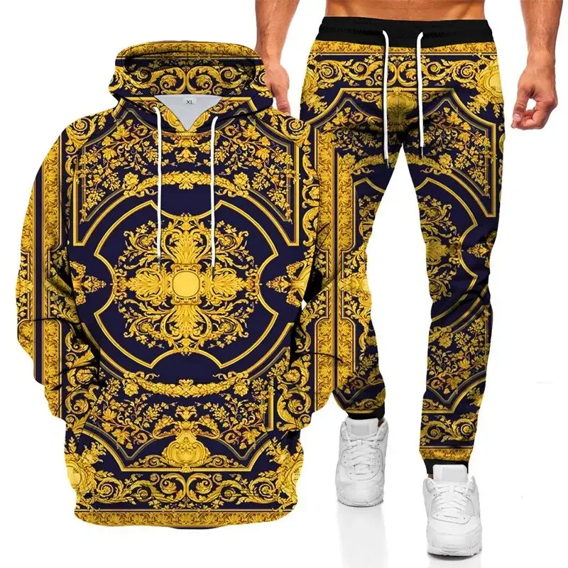 Conjunto de capuz impresso gráfico geométrico 3D masculino, terno confortável, casual oversize, calça solta de manga longa, elegante