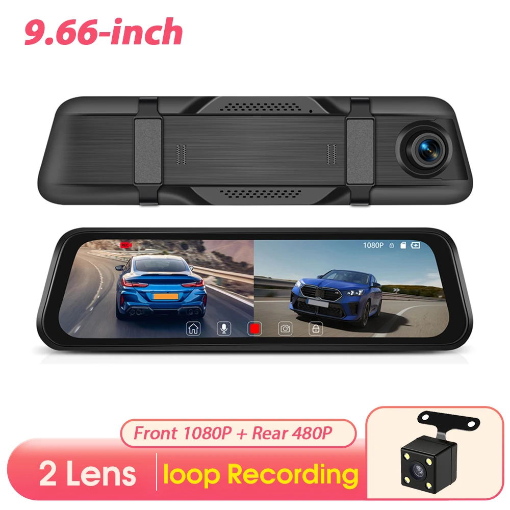 Podofo 9.66 Inch Dash Cam Dual Lens Draagbare Smart Player HD Achteruitkijkspiegel Met 1080P Front/480P achteruitrijcamera