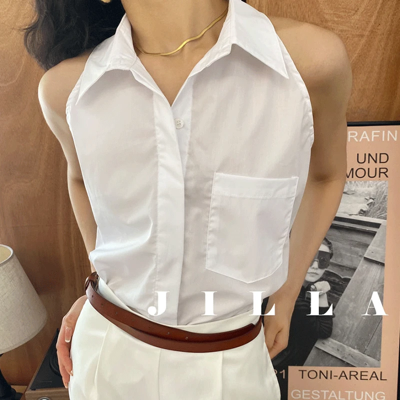 2024 New Summer Italy Elegant Fashion Loose Casual Office Lady Women\'s Shirt Solid Button Pockets Lapels Sleeveless Chic Tops