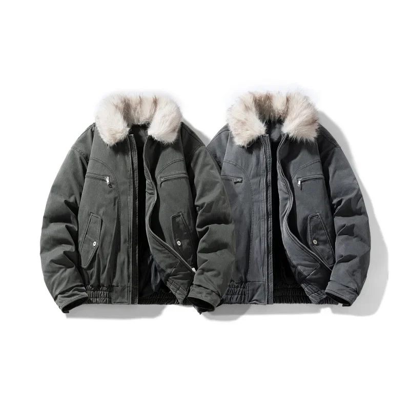 2025 Мужское пуховое пальто, зимнее винтажное пальто с длинным рукавом и карманом на молнии, мужская куртка-карго, утепленная теплая меховая куртка-стойка, свободная мужская верхняя одежда