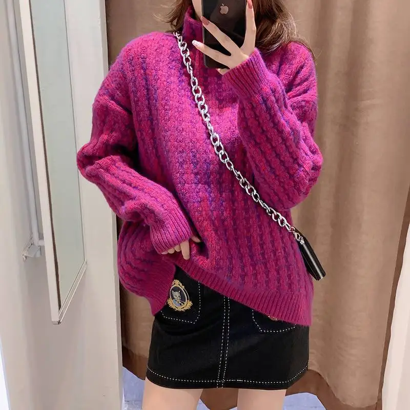 Women Autumn and Winter Fashion New High Neck Lazy Style Sweater Solid Thickened Loose Knit Pullover Casual Long Sleeved Tops