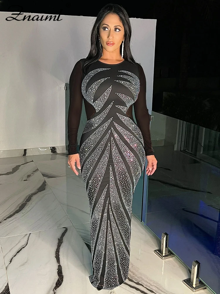 

Znaiml Luxury Mesh See Through Crystal Rhinestone Long Sleeve Black Maxi Dresses Birthday Gowns Sparkle Party Special Occasion