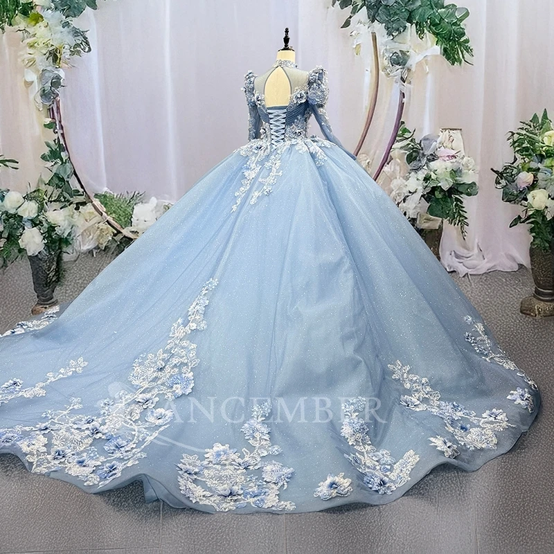 فساتين Quinceanera زرقاء لامعة قبالة الكتف مزينة بالدانتيل مطرز بالكريستال وأكمام طويلة تول حفلة عيد ميلاد حلوة 16 فستان #4