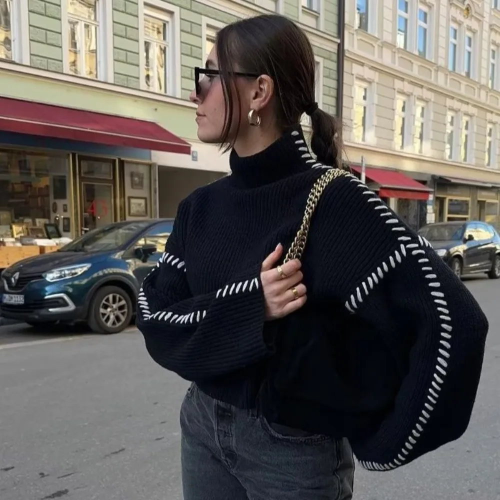 

Warm Versatile Knit Sweater for Women Autumn Round Neck Patchwork Design Trendy Contrast Color Casual Top