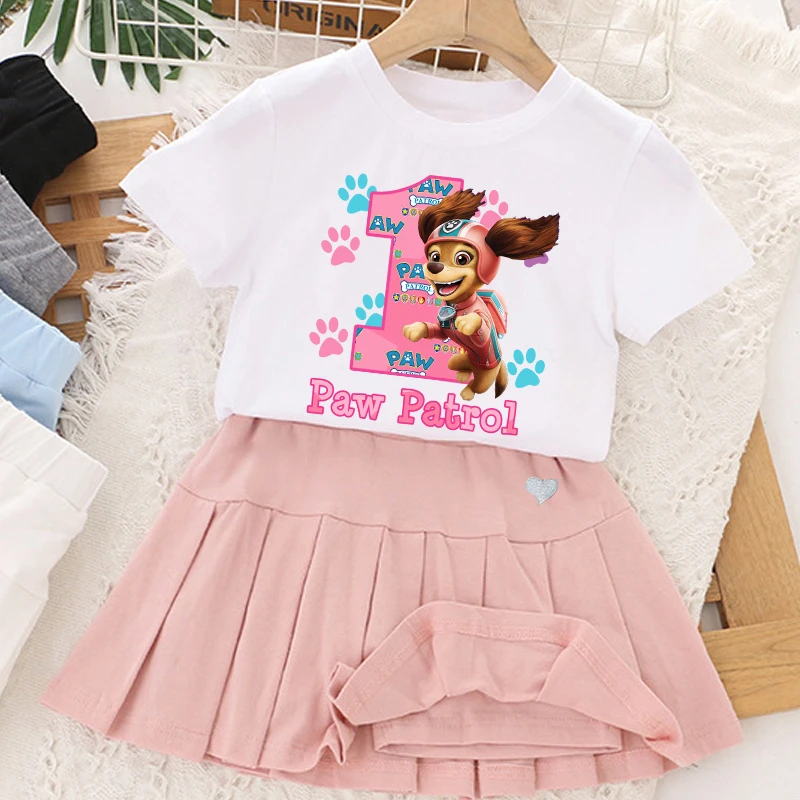 

Cute PAW Patrol Pleated Skirt Set Number Girls Clothes Cotton Toddler Caeroon Love Embroidered Short Skirts Fashion Birthday Top