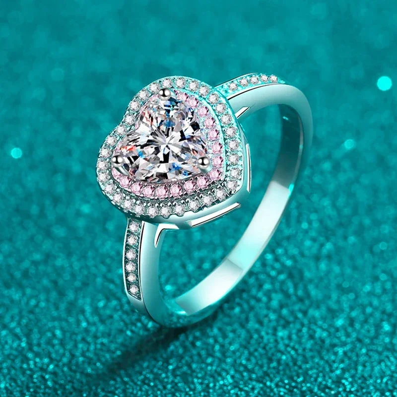 DRring 1ct Heart Cut Certified Moissanite Women's Ring Pink Classic Wedding Band 925 Sterling Silver Engagement Rings for Girls