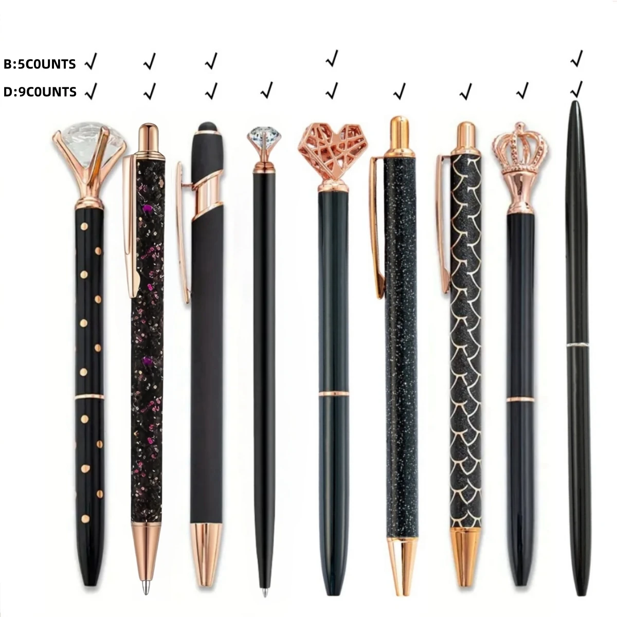 3/5/8/9 قطعة أقلام حبر جاف معدنية أحمر، وردي، أرجواني، أسود، أزرق، أبيض، مجموعة حبر أسود، رمال متحركة، ألماس صناعي لامع
