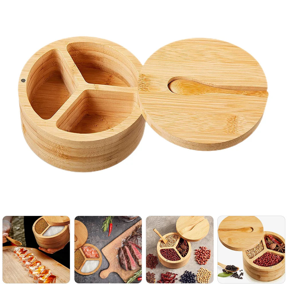 

1Set Bamboo Spice Box Divided Multi-Grids Seasoning Container with Spoon Kitchen Storage Salt Pepper Sugar Organizer