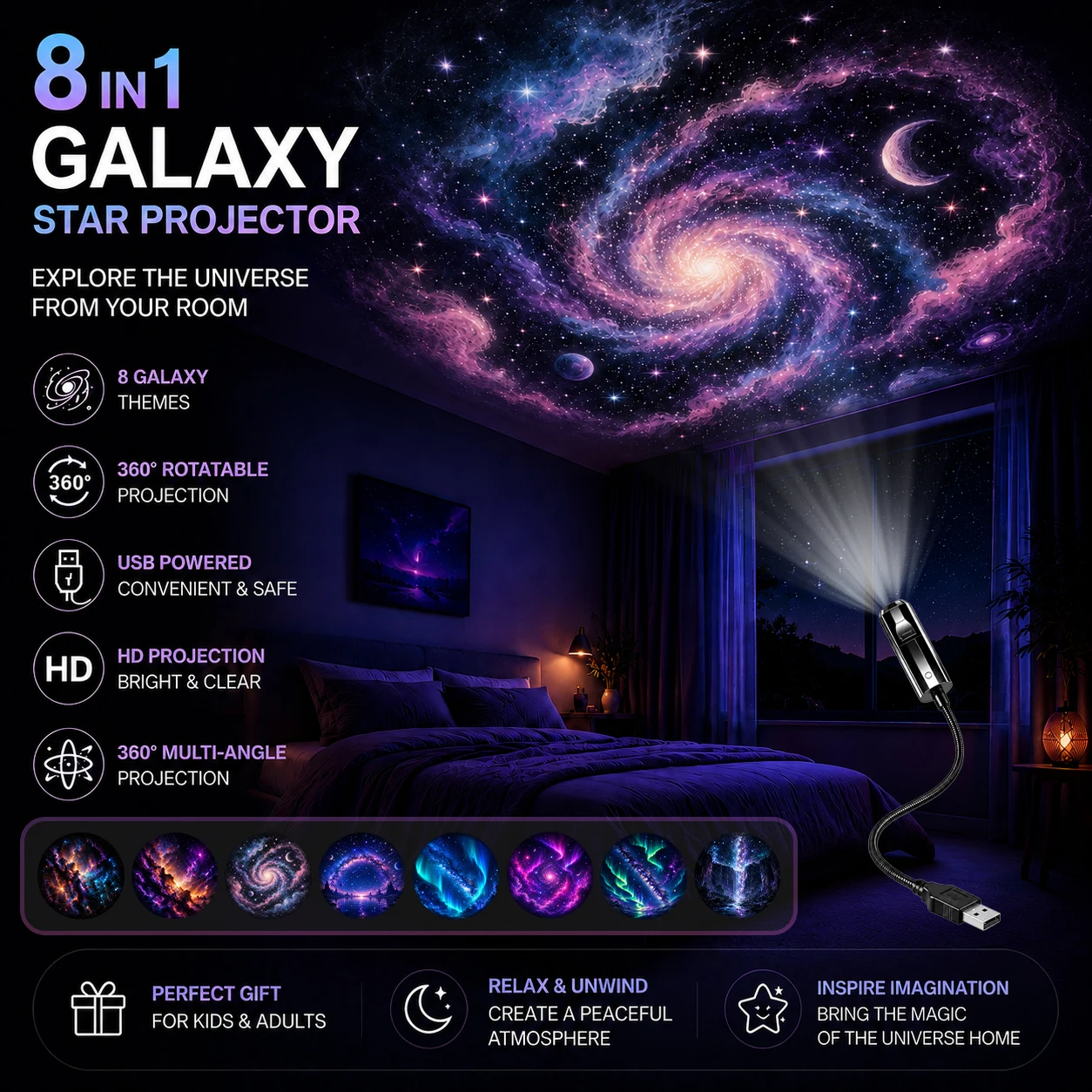 Projetor de luz 8 em 1 com céu estrelado, luz noturna colorida com nebula e estrelas, decoração de iluminação ambiente para quarto.