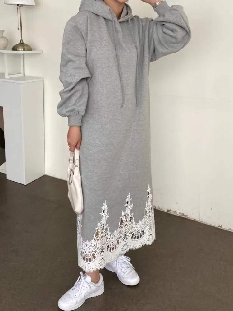 Renda emenda gancho flor moletom Dr feminino solto perna larga saia longa outono inverno novo Sle commute Sle Pure E-com...
