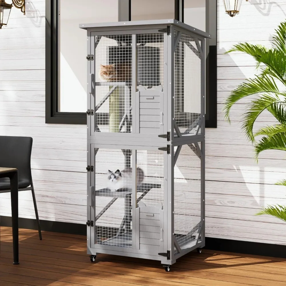 

Cat House Outdoor Catio Cat Enclosures on Wheels, 71 Large Outside Patio Wooden Cat Cage Resting Box, Scratching Post