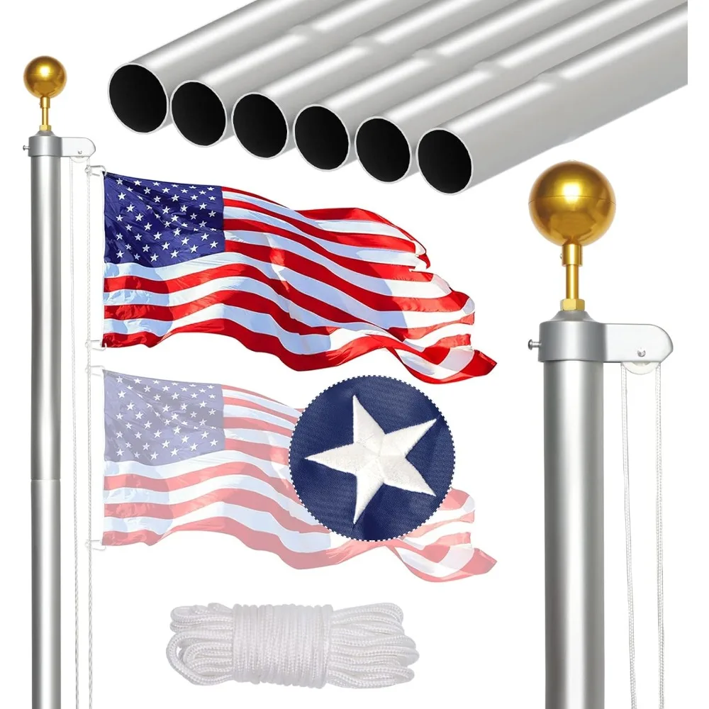 25FT Flag Pole with Embroidered Stars 3x5 American Flag-13 Gauge Extra Thick Aluminum Flagpole Kit