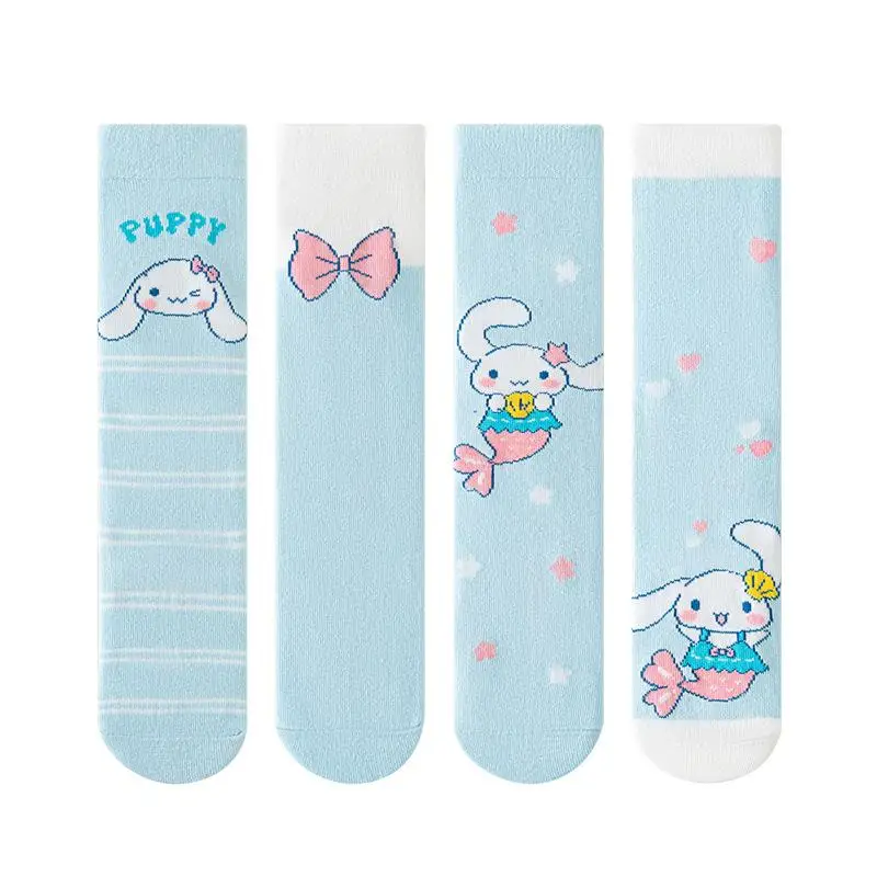 4Pcs Autumn Winter Sanrio Kid Middle Sock Cotton Breathable Cute Cinnamoroll Kuromi Melody Baby Girl Sweet Cartoon College Style