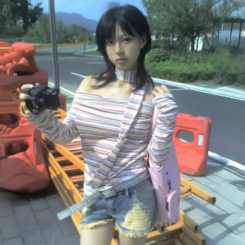 

Deeptown Japanese Style Y2k Sexy T-shirt Off Shoulder Vintage Rainbow Striped Tops Harajuku 2000s Long Sleeve T-Shirt Aesthetics