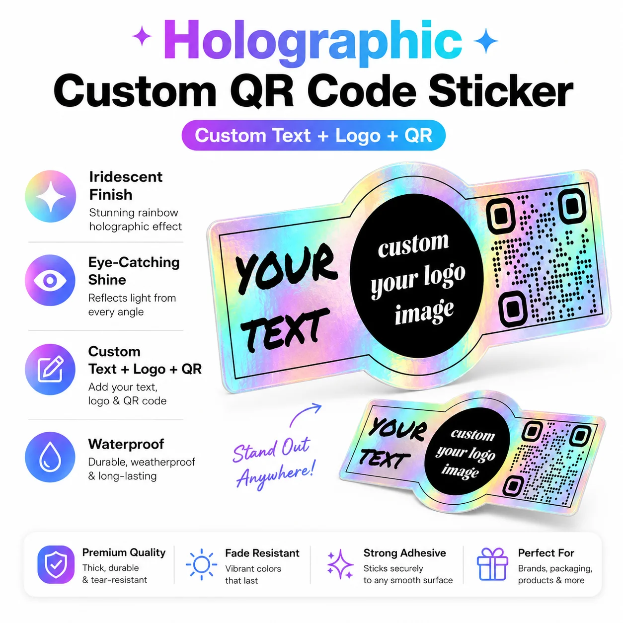 50/100 unidades de adesivos personalizados com logotipo e código QR, papel branco, transparente, etiquetas de produto com código QR a laser e personalização de cores, adequados para copos de café, aromaterapia e qualquer lugar onde códigos QR precisam ser
