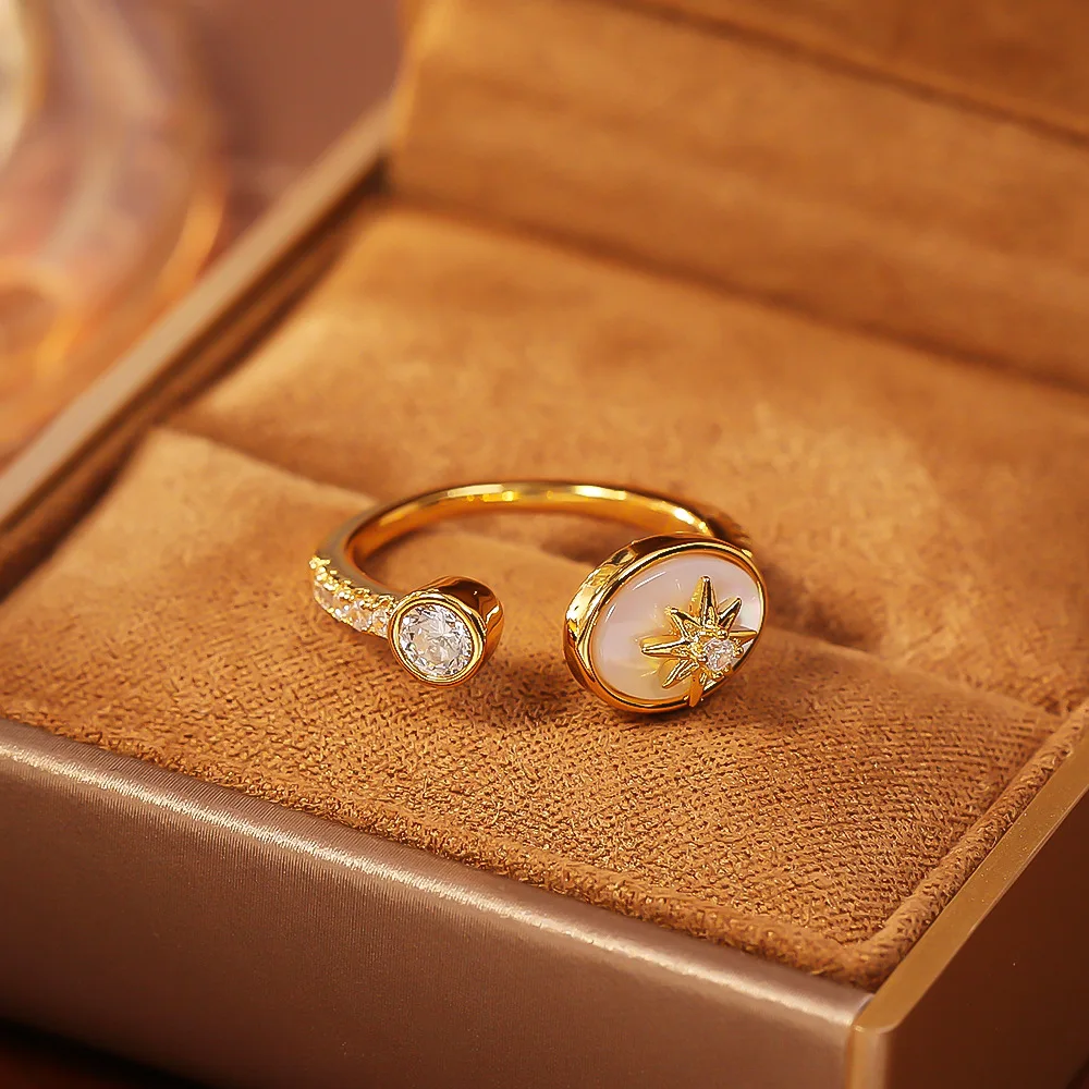 

Eight-Pointed Star Natural Mother-of-Pearl Zircon Ring Vintage Court Style Open Ring High-End Design Sense